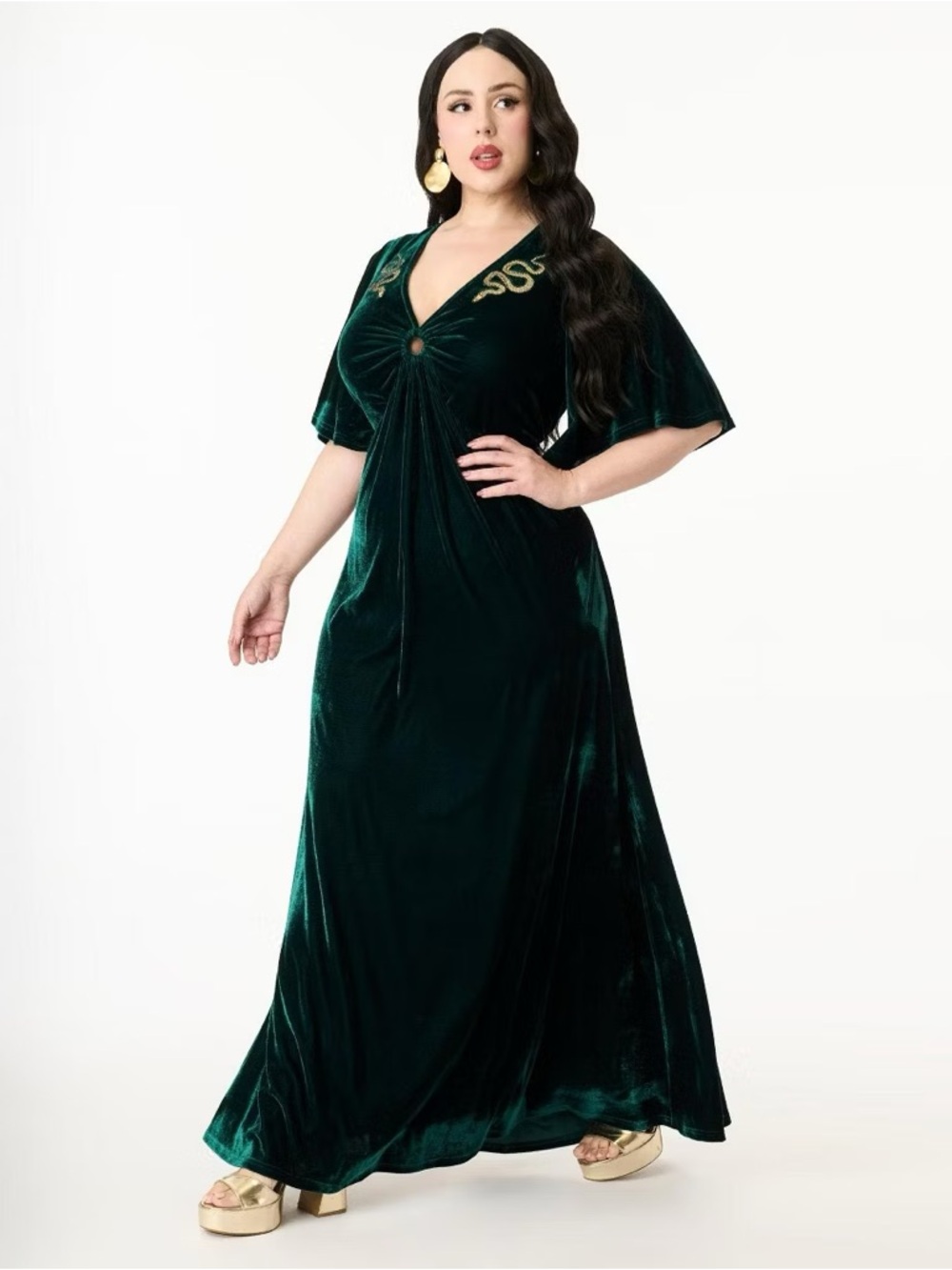 Smak Parlour Emerald Velvet & Gold Snake Embroidered Maxi Dress